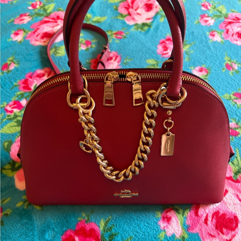 3 items. Coach Cherry Red Satchel w/Gold Accents. Med. Wallet & Gold Link Chain